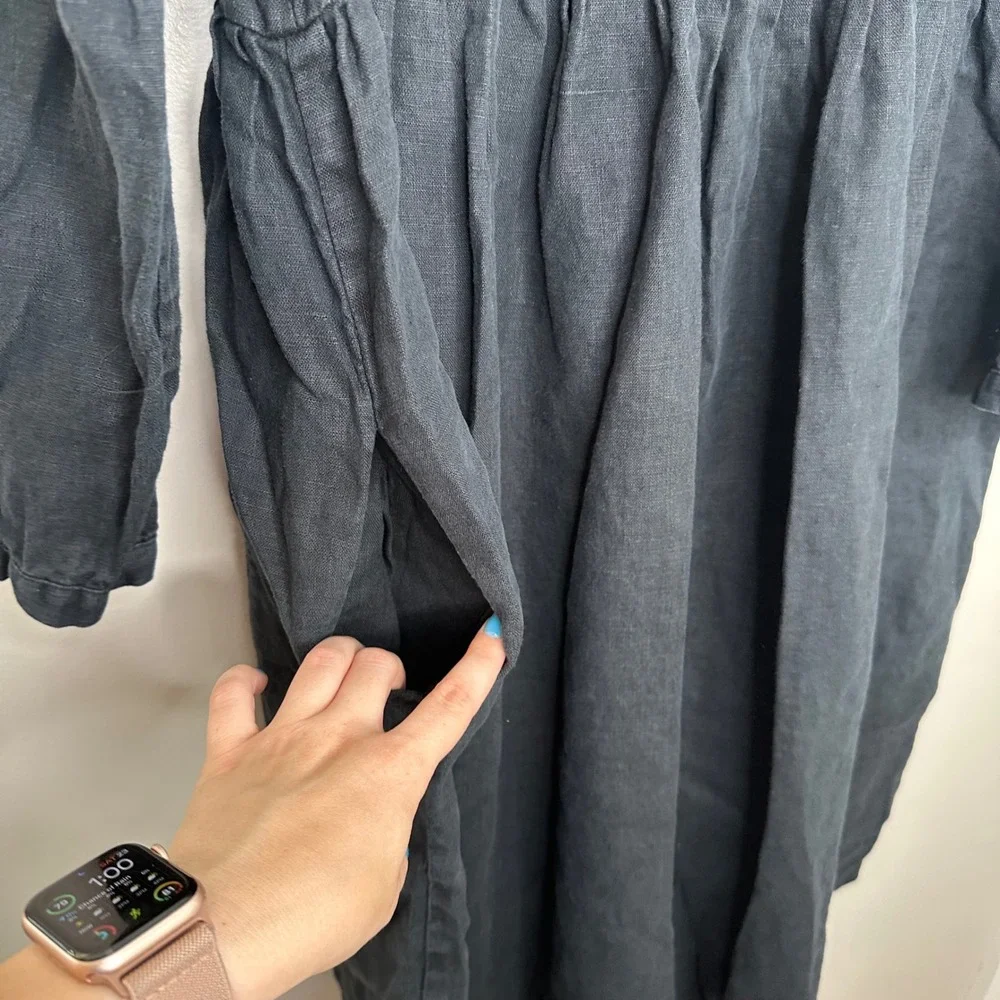 Son de Flor‎ Black Linen Dress XS Long Sleeve Cottagecore Minimalist Pockets